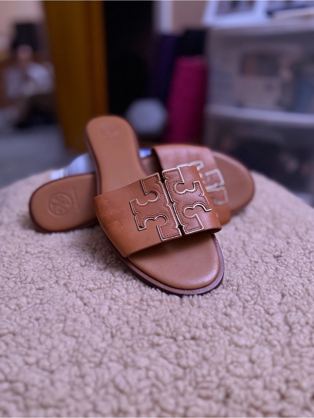 Tory Burch Tan Leather Logo Slide Sandals